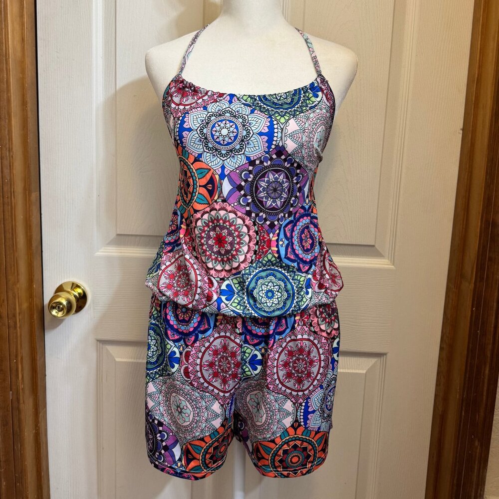 Multicolor Halter Tie Geometric Jumper Romper Shorts Size Small